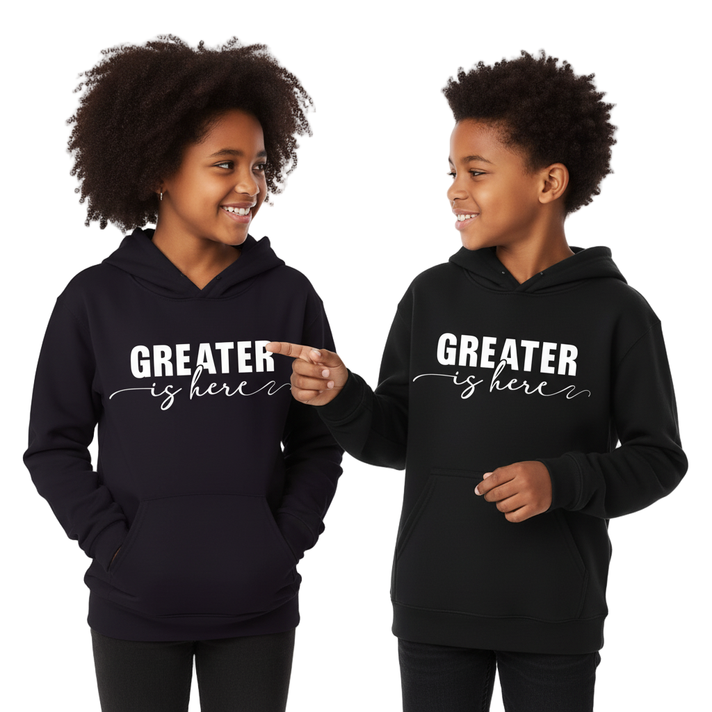 Greater Is Here (Youth Unisex Black Hoodie)