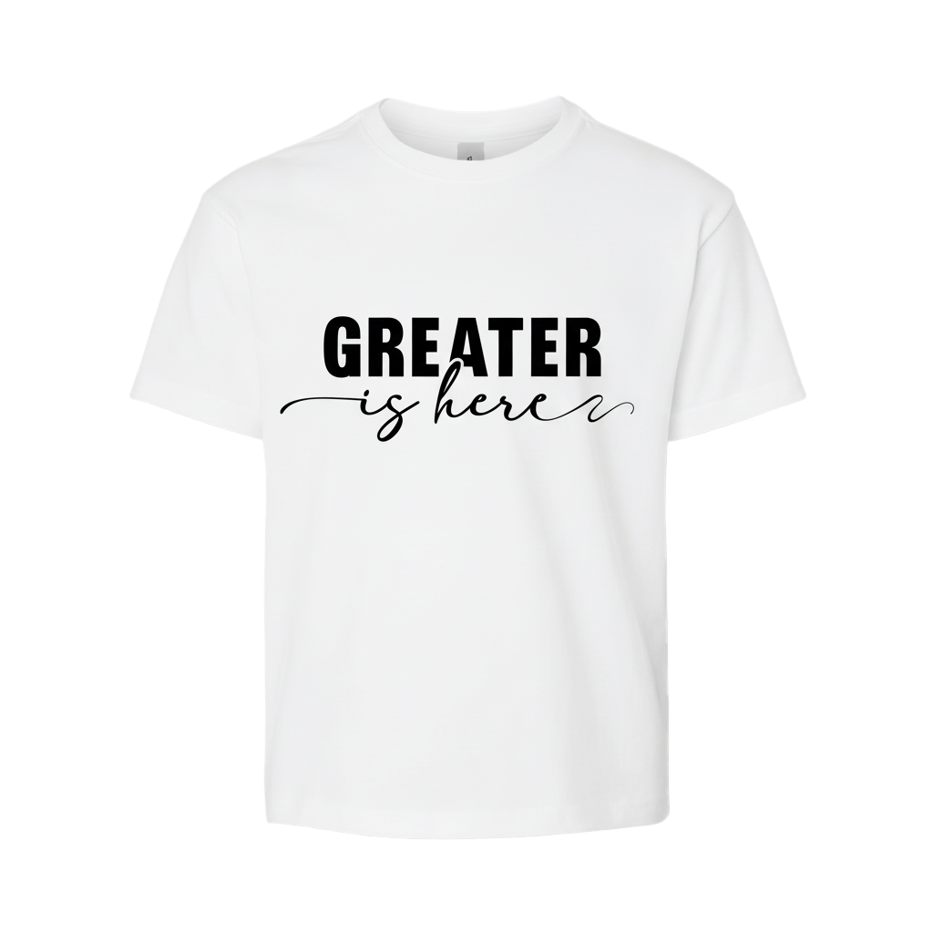 Greater Is Here (Youth Unisex White Short Sleeve T-Shirt)