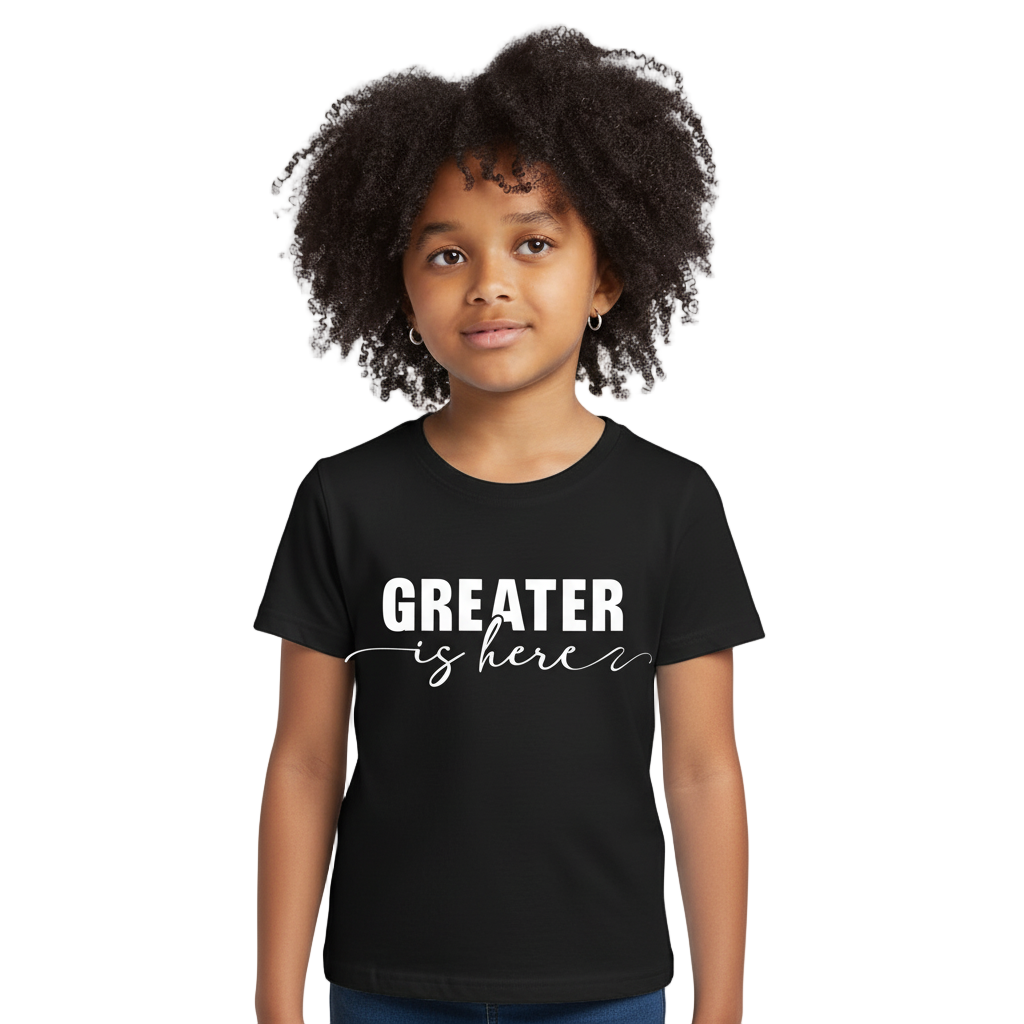 Greater Is Here (Youth Unisex Black Short Sleeve T-Shirt)