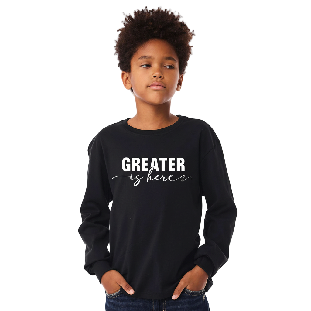 Greater Is Here (Youth Unisex Black Long Sleeve T-Shirt)