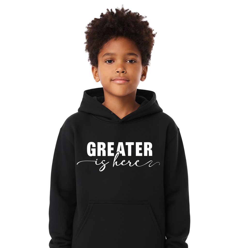 Greater Is Here (Youth Unisex Black Hoodie)