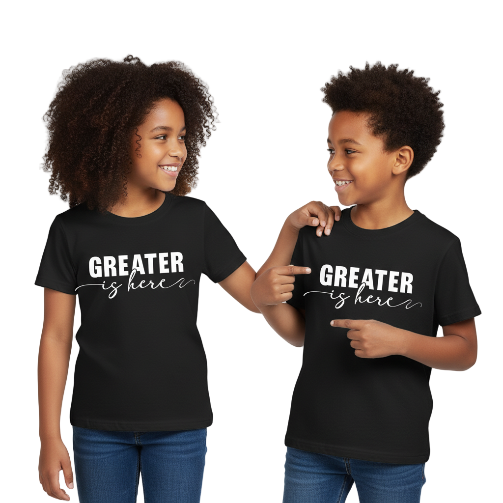 Greater Is Here (Youth Unisex Black Short Sleeve T-Shirt)