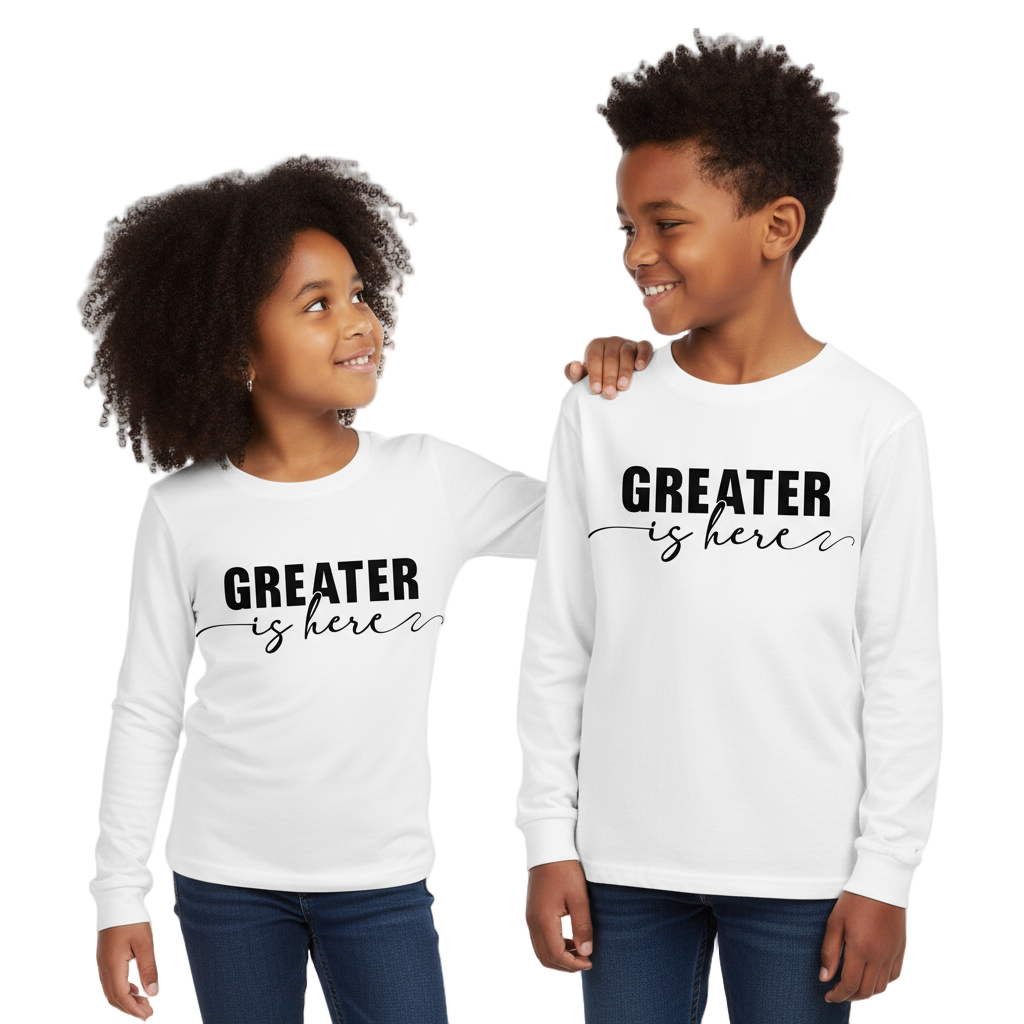 Greater Is Here (Youth Unisex White Long Sleeve T-Shirt)
