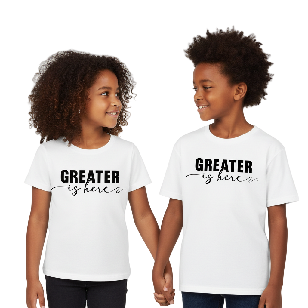 Greater Is Here (Youth Unisex White Short Sleeve T-Shirt)