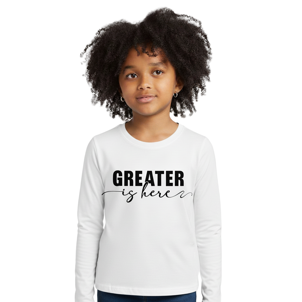 Greater Is Here (Youth Unisex White Long Sleeve T-Shirt)