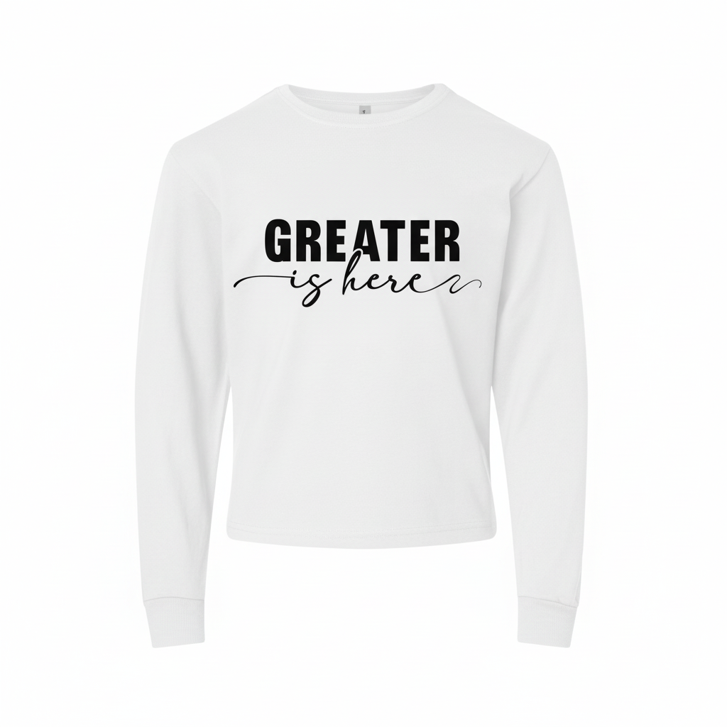 Greater Is Here (Youth Unisex White Long Sleeve T-Shirt)