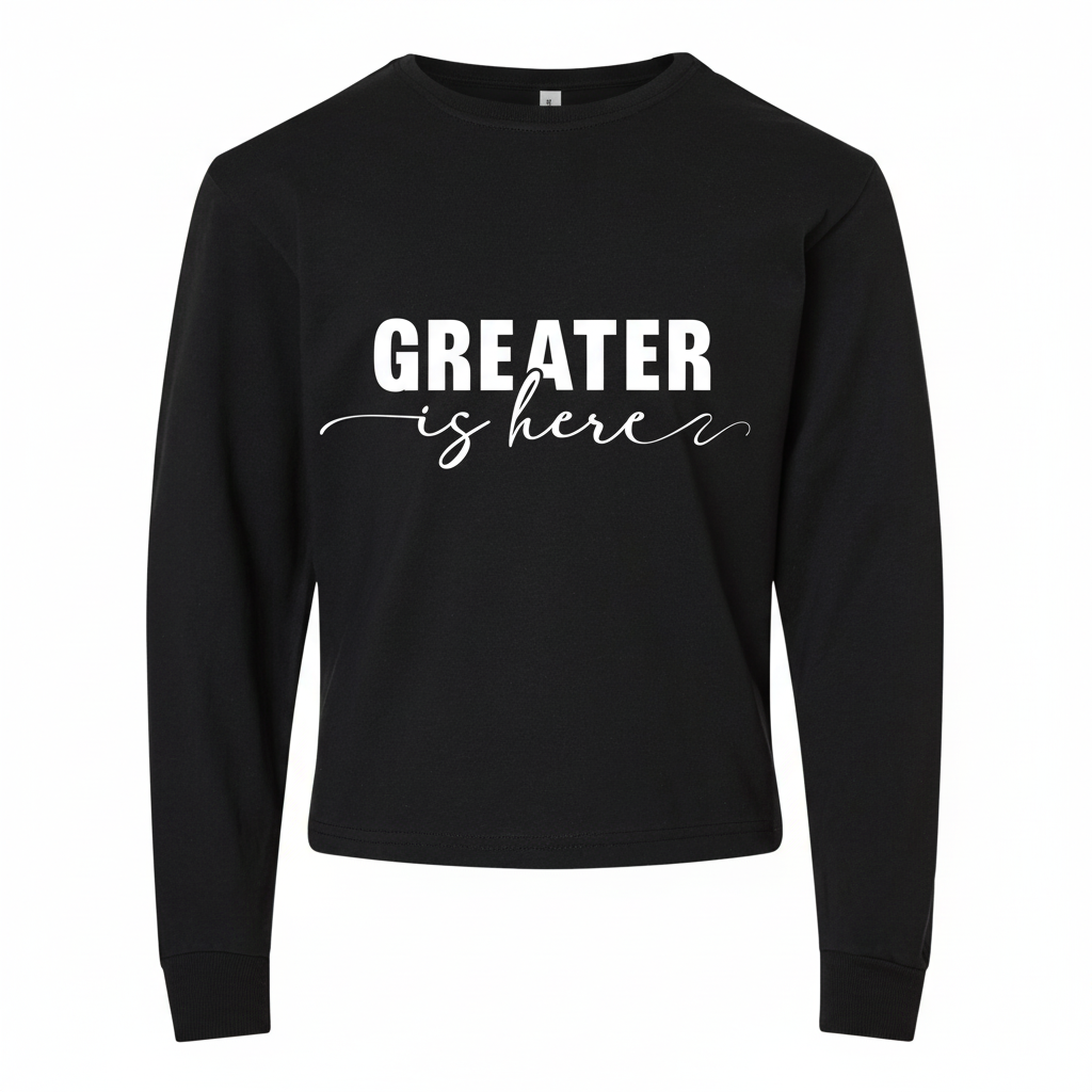 Greater Is Here (Youth Unisex Black Long Sleeve T-Shirt)