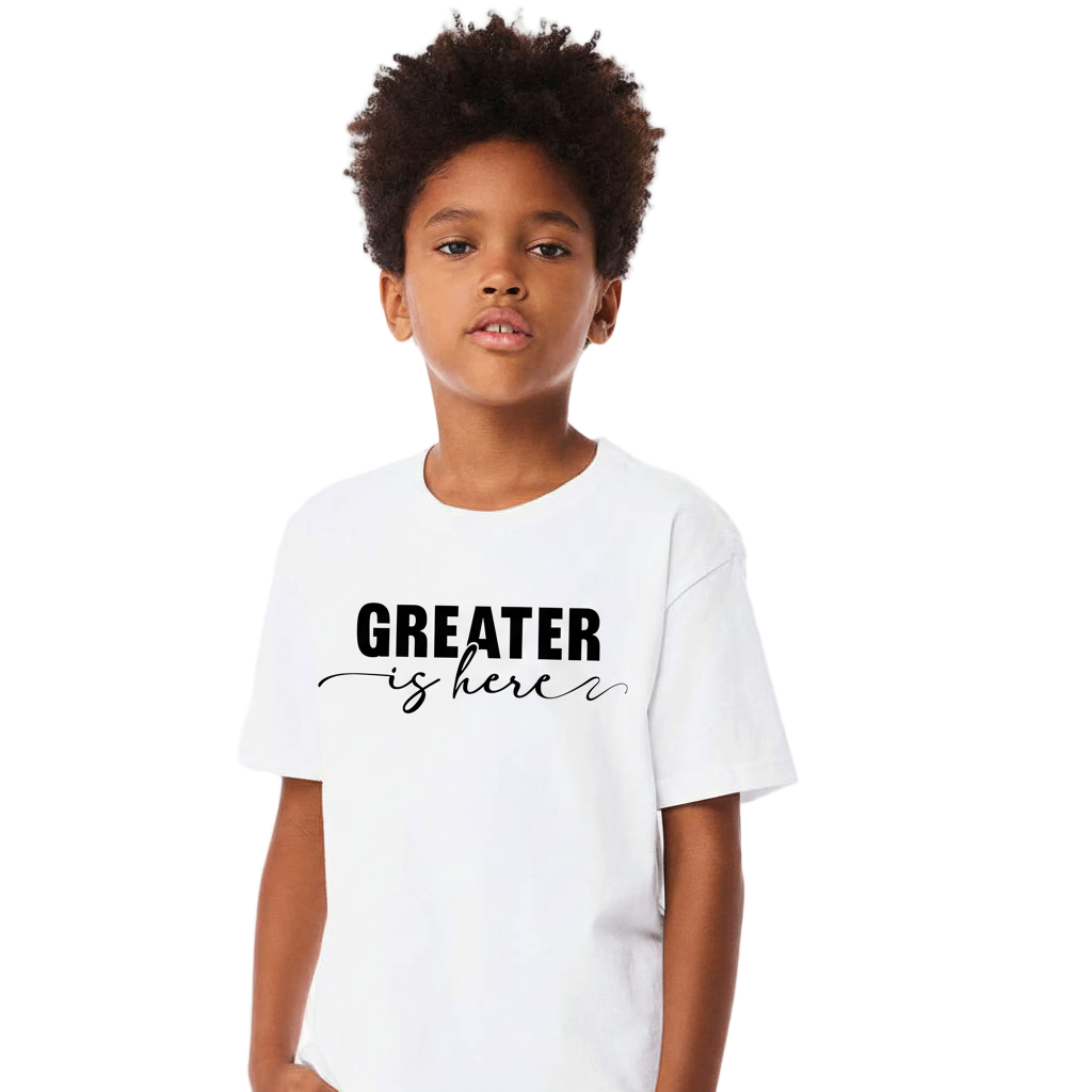 Greater Is Here (Youth Unisex White Short Sleeve T-Shirt)