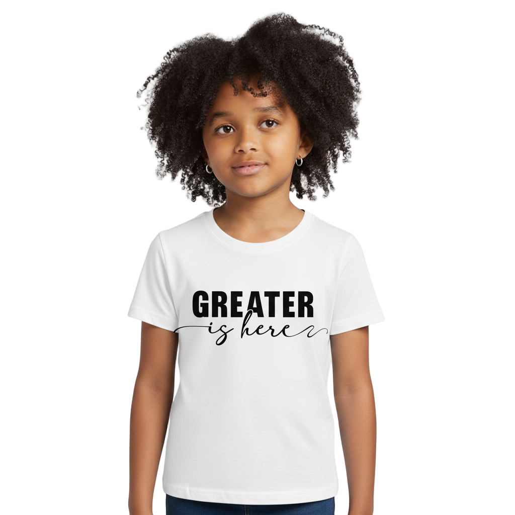 Greater Is Here (Youth Unisex White Short Sleeve T-Shirt)