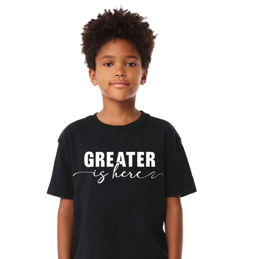 Greater Is Here (Youth Unisex Black Short Sleeve T-Shirt)