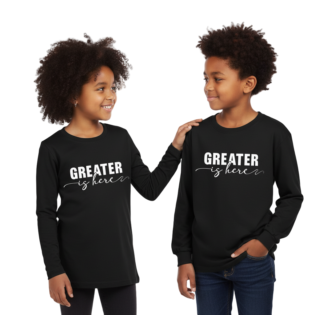 Greater Is Here (Youth Unisex Black Long Sleeve T-Shirt)